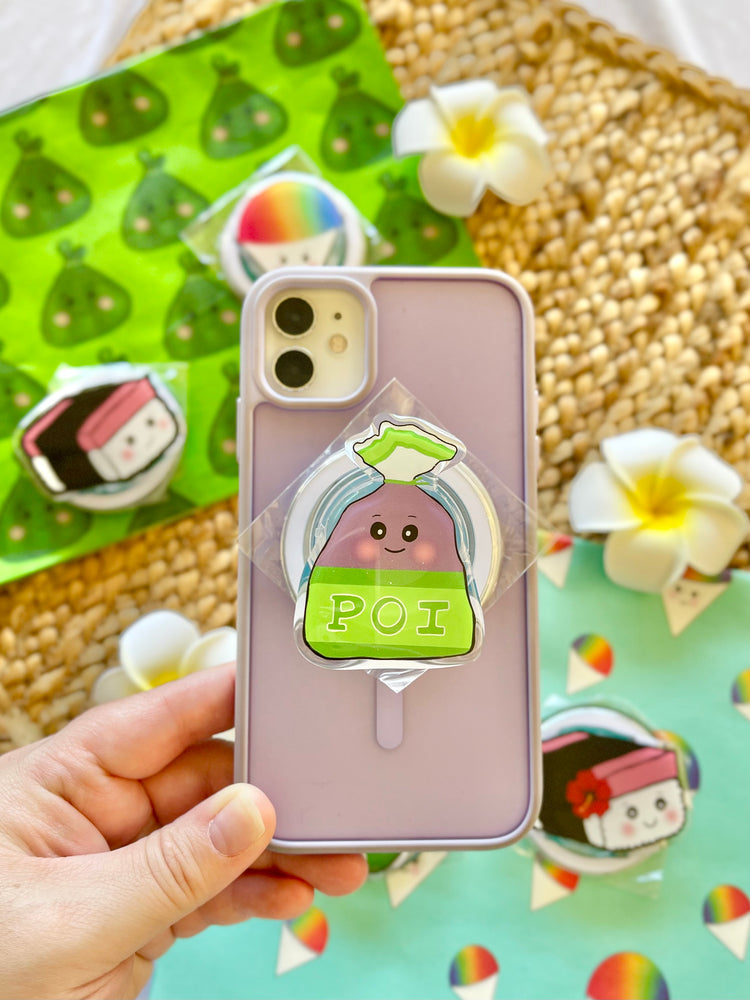 Phone case with a cute character design held by a hand, with a colorful background.