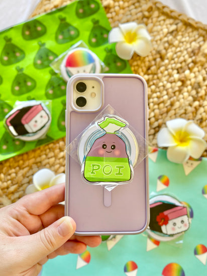Phone case with a cute character design held by a hand, with a colorful background.